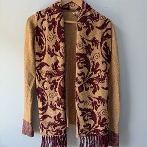 BKE Buckle Unique Scarf Fringe Red and Gold Cardigan Medium